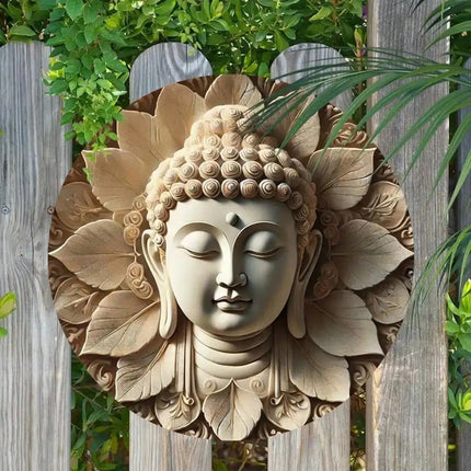 Wooden Buddha Head Round Wall Plaque Hanging Decor Indoor Outdoor 20cm