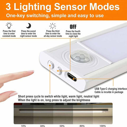 LED PIR Motion Sensor Strip Light Magnetic USB Rechargeable Cabinet