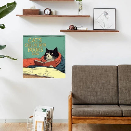 2026 Cats Chillin with Books Wall Calendar Cat Themed Illustration Planner