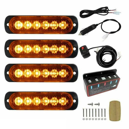4x 6 LED Amber Strobe Marker Light Bar Flashing Beacon for Car 12V