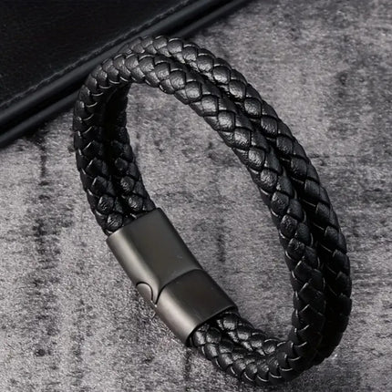 Men's 6mm Leather Braided Wristband with Magnetic Clasp, Black 21cm