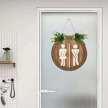 Wooden Toilet Sign Round Hanging Bathroom Door Plaque Wall Decor 23cm
