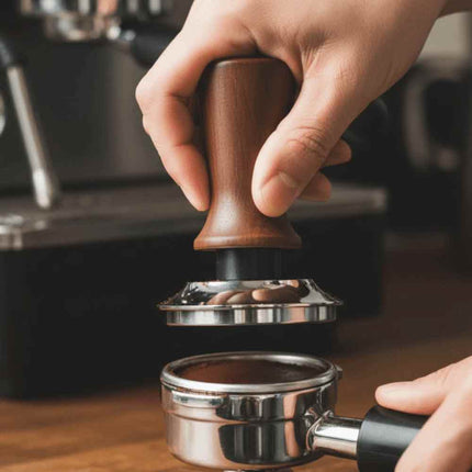 53mm Threaded Beech Wood Coffee Tamper Internal Spring Balanced Force Hammer