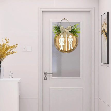 Wooden Toilet Sign Round Hanging Bathroom Door Plaque Wall Decor 23cm