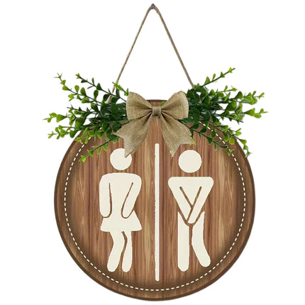 Wooden Toilet Sign Round Hanging Bathroom Door Plaque Wall Decor 23cm