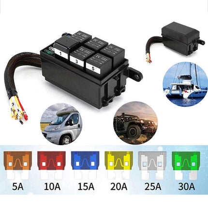 6 Way 12V Waterproof Fuse Relay Holder Box Block 40A Relays ATC Fuse