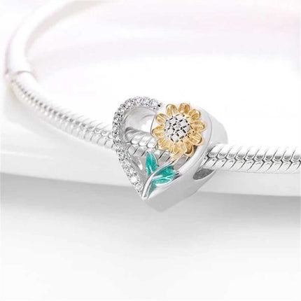 S925 Sterling Silver Sunflower Heart Charm European Bracelet Pendant