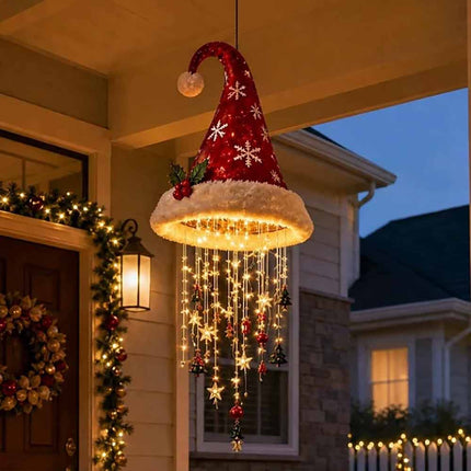 Lighted Santa Hat Chandelier Hanging Decor with Glowing Star Tassel
