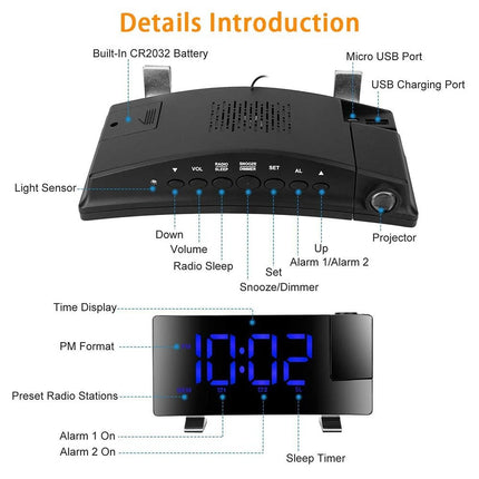 LED Projection Alarm Clock with Radio, Curved Screen Digital