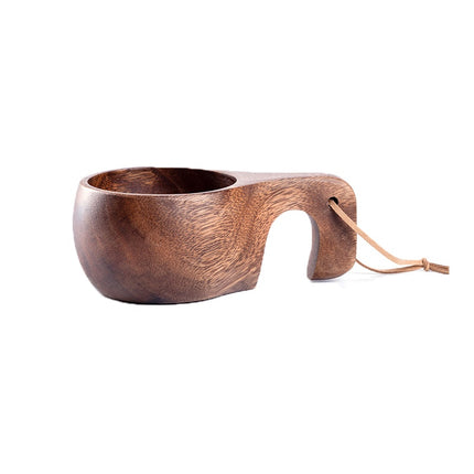 Finnish Kuksa Mug Portable Acacia Wood Handle Cowhide Rope Hook Cup