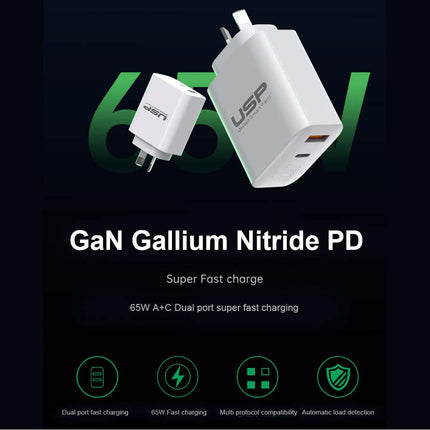 65W GaN Fast Charger QC3.0 PD3.0 Type-C AU Plug for iPad MacBook Laptop Phone