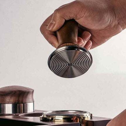 53mm Threaded Beech Wood Coffee Tamper Internal Spring Balanced Force Hammer