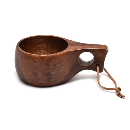 Finnish Kuksa Mug Portable Acacia Wood Handle Cowhide Rope Hook Cup