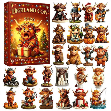 Highland Cow Xmas Advent Calendar 2026, 24 Day Acrylic 2D Figure Gift