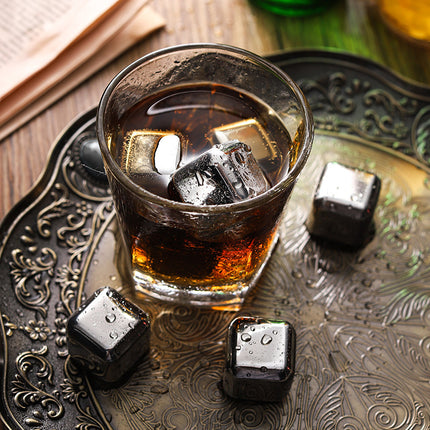 6Pcs Stainless Steel Whiskey Wine Ice Stones with Tongs, Reusable Cooling
