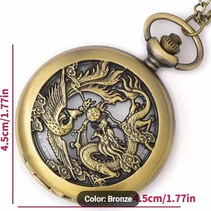 Vintage Bronze Quartz Pocket Watch with Dragon & Phoenix Chain