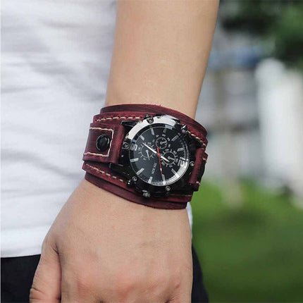 Military Retro PU Leather Strap Watch Men Punk Quartz Cuff Wristwatch
