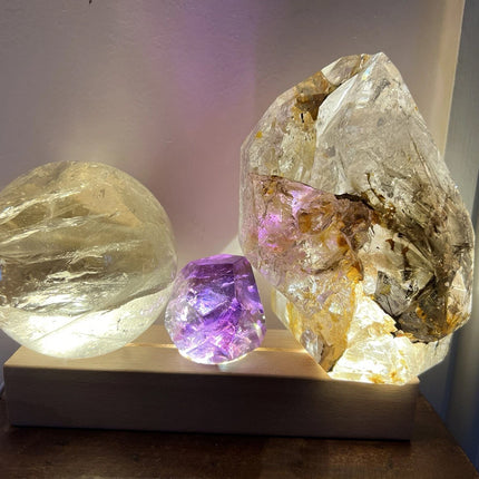 Wooden X Crystal Holder with 3 White LED Lights, Light Up Display