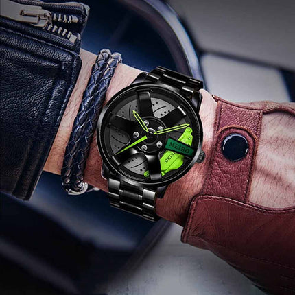 Mens Quartz Car Wheel Design Watch, Sporty Mesh Rim Wristwatch