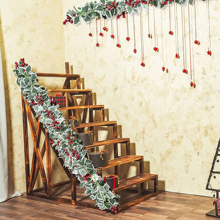 2Pcs 2.2M Christmas Holly Garland Fake Red Berries Artificial Greenery