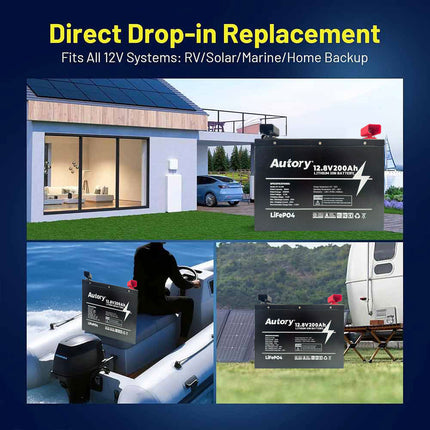 Autory 12.8V 200Ah High-Capacity LiFePO4 Battery - RV Metal Case Mount Bracket