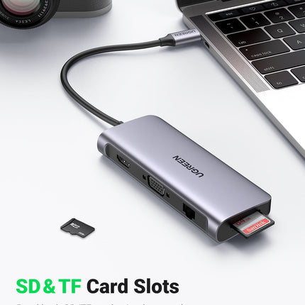 10-in-1 USB-C Multiport: HDMI+VGA+LAN+3USB+SD+AUX+PD