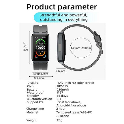 Smart Watch Blood Glucose Monitor ECG HRV Body Temperature Waterproof