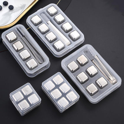 6Pcs Stainless Steel Whiskey Wine Ice Stones with Tongs, Reusable Cooling