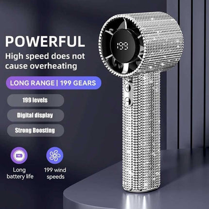 S5 Full White Diamond Handheld LED Turbo Fan 199 Gears Mini Personal Fan