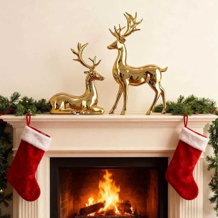 2Pcs Gold Reindeer Statues, Xmas Figurines Holiday Table Centerpiece Decor