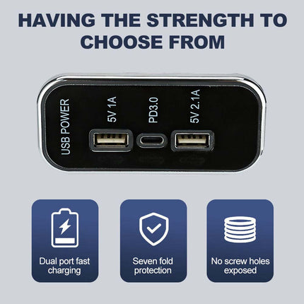12V-24V Car Charger Dual USB+PD 3-Port Panel 36W Fast Charging