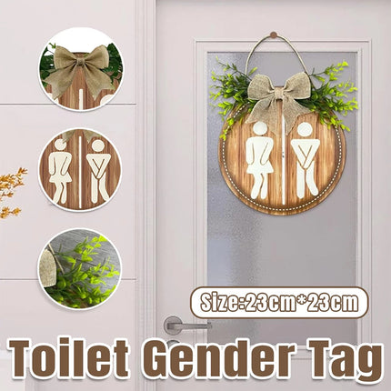 Wooden Toilet Sign Round Hanging Bathroom Door Plaque Wall Decor 23cm