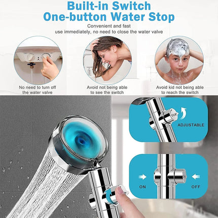 High Pressure Turbo Jet Shower Head, 3 Free Filters, Water Saving 360°