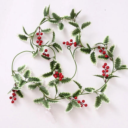 2Pcs 2.2M Christmas Holly Garland Fake Red Berries Artificial Greenery