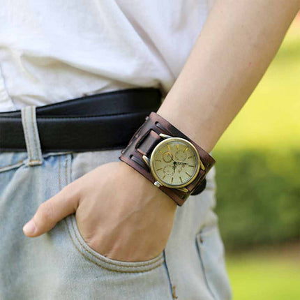 Retro Punk Leather Cuff Watch – Wide Band Quartz Wristwatch for Men
