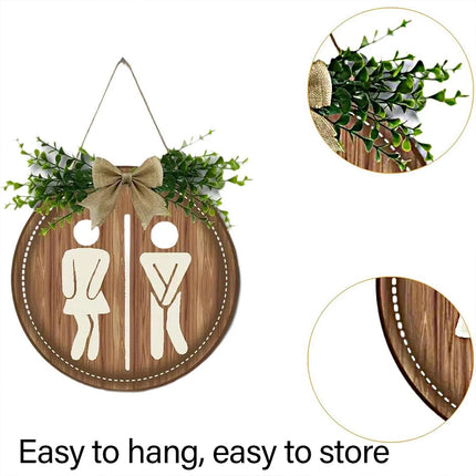 Wooden Toilet Sign Round Hanging Bathroom Door Plaque Wall Decor 23cm