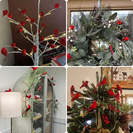 12PCS Clip-On Red Cardinal Ornaments, Feathered Realistic Home Decor