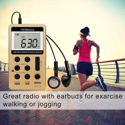 Pocket AM FM Radio Retekess V112 Rechargeable Stereo Earphone Sport Player