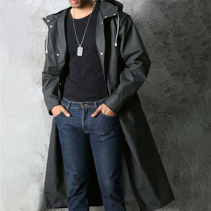 Waterproof Long Men's Raincoat, Black Hooded Trench Jacket for Hiking