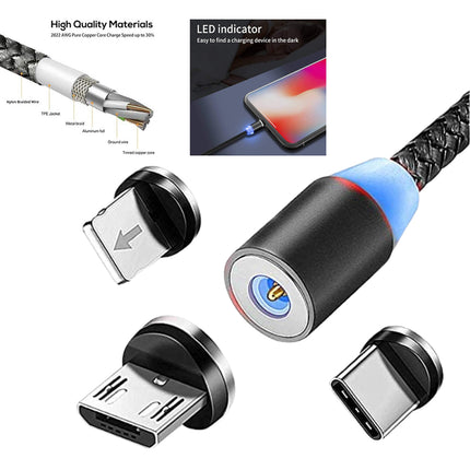2PCS Magnetic USB-A to USB-C/Micro LED Charging Cable 1M/2M for iPhone Samsung