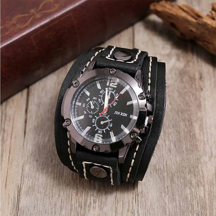 Military Retro PU Leather Strap Watch Men Punk Quartz Cuff Wristwatch