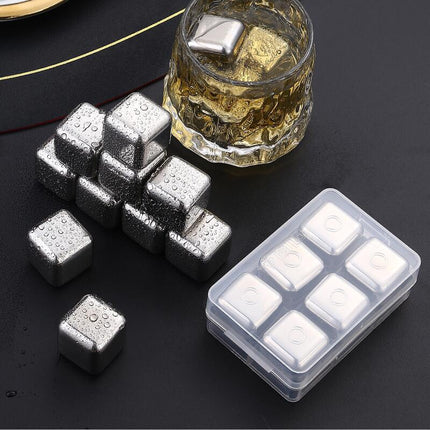 6Pcs Stainless Steel Whiskey Wine Ice Stones with Tongs, Reusable Cooling