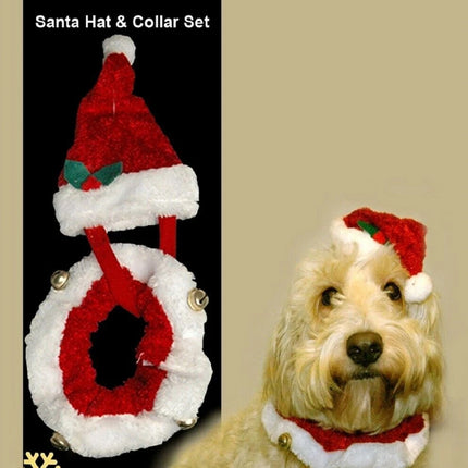 2PC Santa Dog Cat Puppy Hat & Collar Set Christmas Pet Dress Up Outfit