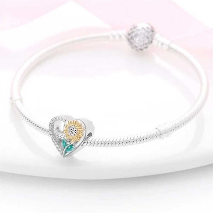 S925 Sterling Silver Sunflower Heart Charm European Bracelet Pendant