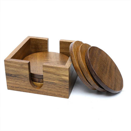 Wooden Round Coasters Set of 6 Acacia Wood for Drinks Coffee Tea Home Dining