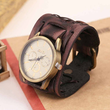 Retro Punk Leather Cuff Watch – Wide Band Quartz Wristwatch for Men
