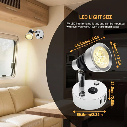 12V 24V Reading Light 3W LED RV Interior USB Type-C Caravan Boat Lamp