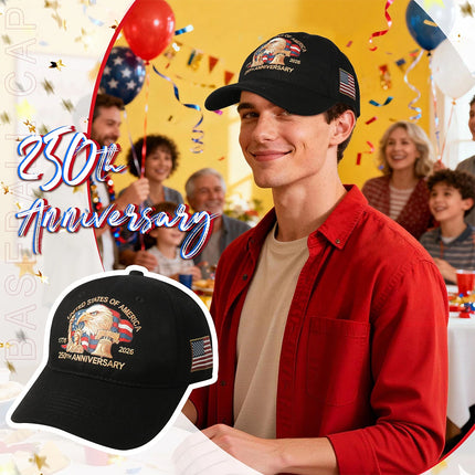 USA 250th Anniversary Baseball Cap, Statue of Liberty Eagle Adjustable Hat Black