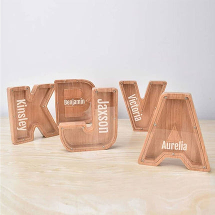 Wooden Piggy Bank, Funny Letter Coin Money Box for Kids & Adults Gift