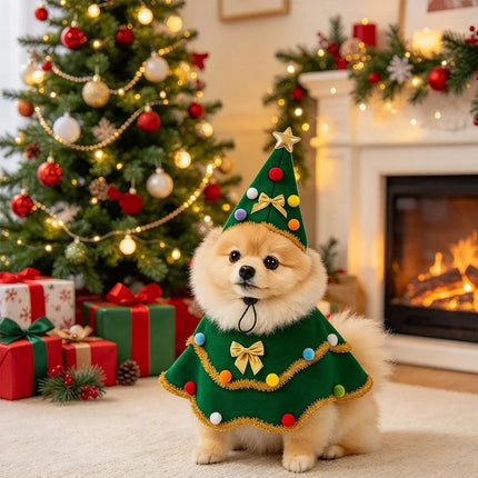Christmas Tree Pet Cape Shawl, Festive Dog & Cat Costume Outfit for Puppy